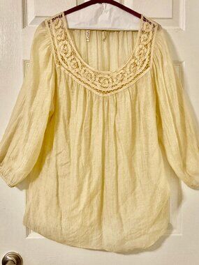 Excellent Condition, SZ L, grand & greene, Faux Silk Tunic Top, Ivory Gold